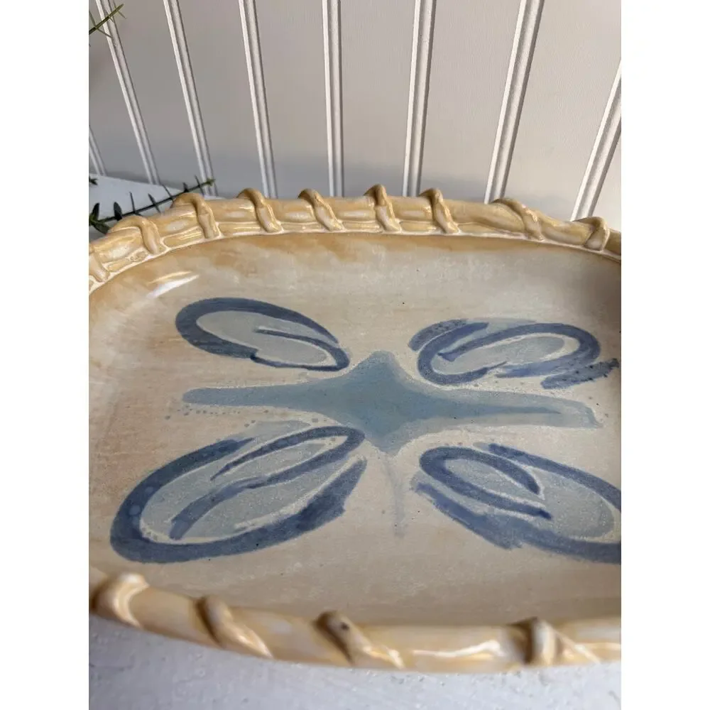 Handmade Ceramic Basket-Weave Tray | Artist Signed Pottery Blue Abstract Motif